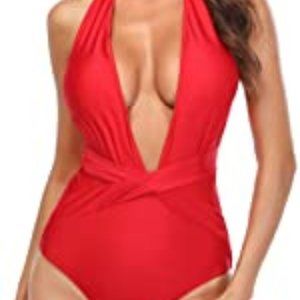 Red Sexy Deep V-Neck One Piece Swimsuit